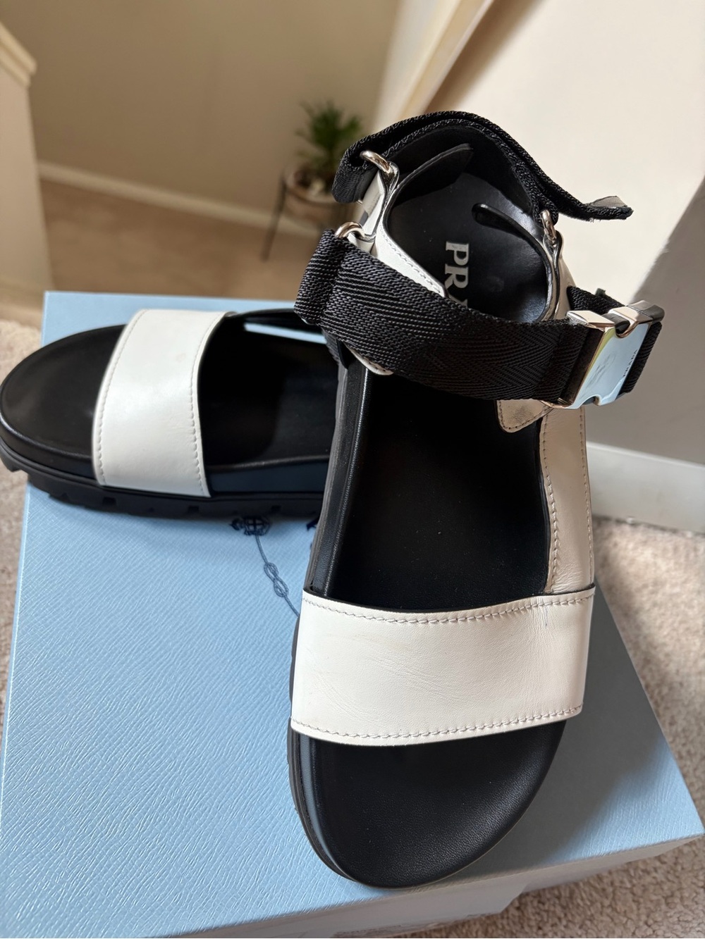 Prada Black and White Platform Sandals with Silver Hardware - Picture 6 of 16